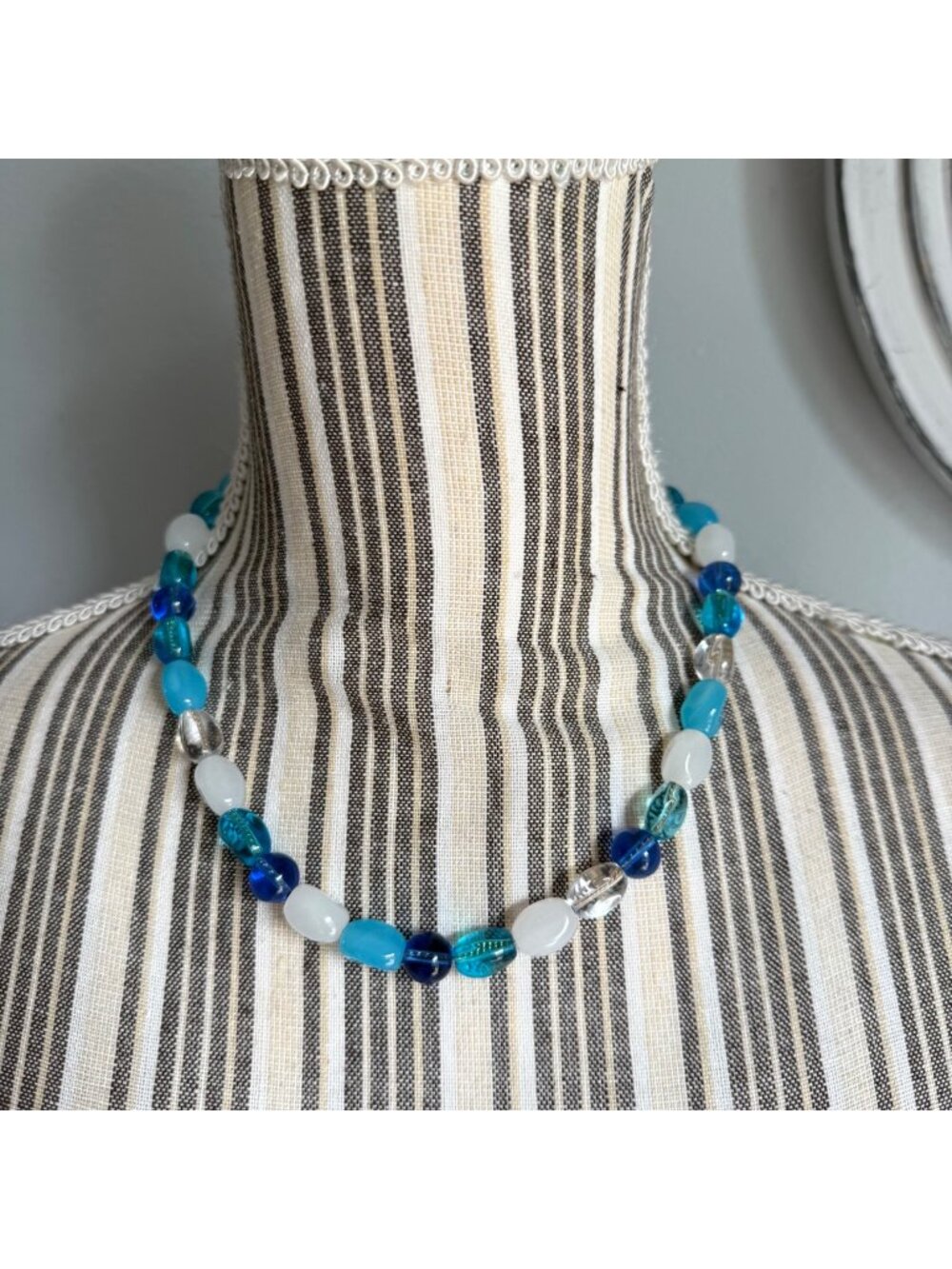 Vintage Mixed Bead Necklace with Blue Turquoise White and Clear Beads
